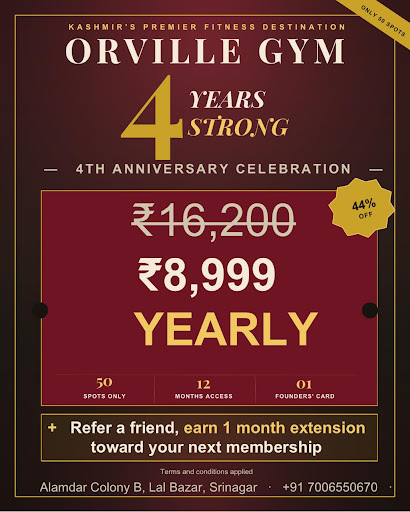 Orville gym's Anniversary offer is here, Grab our annual membership at just 8999, limited 50 spot…