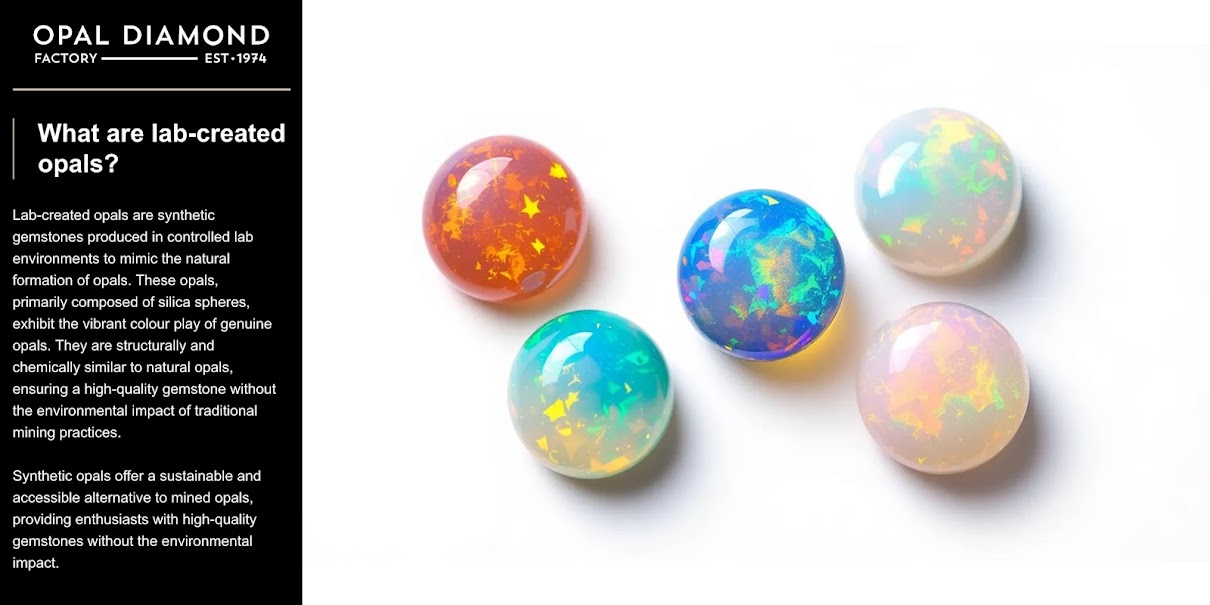 What are lab-created opals? Lab-created opals are synthetic gemstones produced in controlled lab environments to mimic the natural formation of opals. These opals, primarily composed of silica spheres, exhibit the vibrant colour play of genuine opals. They are structurally and chemically similar to natural opals, ensuring a high-quality gemstone without the environmental impact of traditional mining practices. Synthetic opals offer a sustainable and accessible alternative to mined opals, providing enthusiasts with high-quality gemstones without the environmental impact.