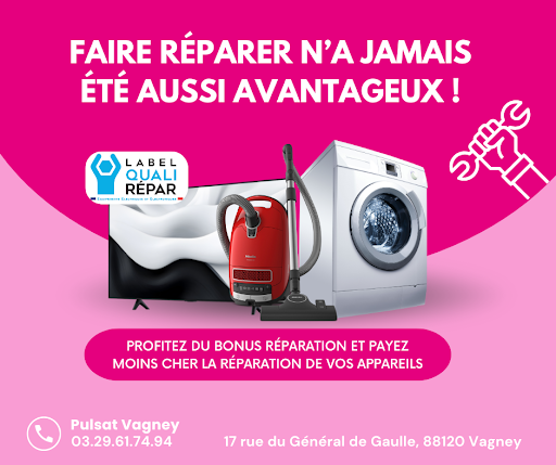 Faire réparer n’a jamais été aussi avantageux !

Chez Pulsat Marc PETITJEAN, profitez du label QualiRépar pour donner une seconde vie à vos appareils électriques et électroniques.
 Économique : payez moins cher grâce au Bonus Réparation
 Professionnel : réparations réalisées par des experts qualifiés
 Responsable : un geste pour votre portefeuille et pour la planète
 