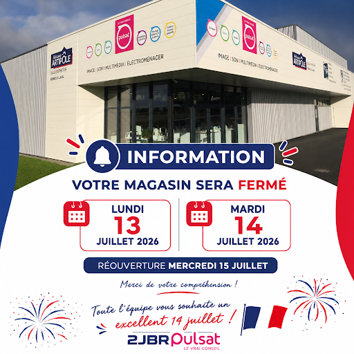 📢 Information à notre clientèle

Votre magasin 2JBR Pulsat sera exceptionnellement fermé les lundi 13 et mardi 14 juillet 2026.

Nous aurons le plaisir de vous accueillir de nouveau à partir du mercredi 15 juillet, aux horaires habituels.

Merci de votre compréhension et à très bientôt dans votre magasin 2JBR Pulsat.

#2JBRPulsat #Artipôle #InformationClients #FermetureExceptionnelle #LeVraiConseil