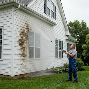 contractor pressure washing the side of a building