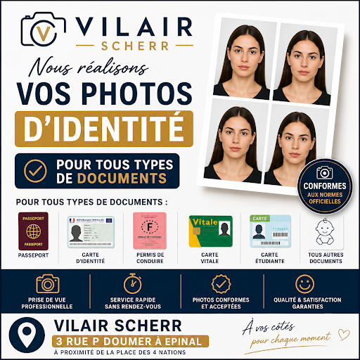 📸 Photos d'identité & E-Photo chez Vilair Scherr !

Besoin d'une photo conforme pour votre carte d'identité, passeport, permis de conduire (E-Photo), carte Vitale, visa ou tout autre document officiel ?

✅ Photos aux normes officielles
✅ E-Photo ANTS pour le permis de conduire
✅ Service rapide, sans rendez-vous

📍 3 rue P. Doumer à Épinal, à proximité de la Place des 4 Nations.

À bientôt chez Vilair Scherr ! 😊

#Epinal #PhotoIdentité #EPhoto #ANTS #VilairScherr #CommerceLocal