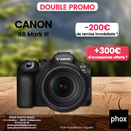 Profitez d’une opportunité exceptionnelle avec une double promotion 💥sur l'appareil photo hybride Canon R6 Mark III ! Bénéficiez immédiatement de 200€ de remise en magasin, et repartez avec 300€ d’accessoires offerts pour sublimer votre créativité. Saisissez cette offre exclusive, idéale pour les passionnés d’image exigeants. Offre valable jusqu’au 4 août 2026. Rendez-vous en magasin pour plus d’informations.