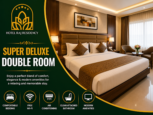 Experience luxury and comfort in our Super Deluxe Double Room at Hotel Raj Residency, Bhopal. Per…