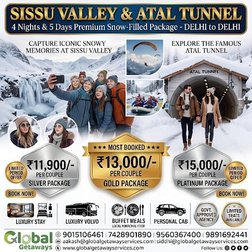 Sissu Valley tour package from Delhi featuring Atal Tunnel snow drive waterfall and luxury couple stay