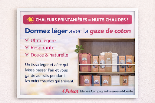 Les beaux jours arrivent et avec eux, la chaleur ☀️
C’est le moment idéal pour adapter votre literie !

La gaze de coton est la matière parfaite : légère, respirante et ultra agréable au toucher, elle vous garantit des nuits fraîches et confortables 🌿

Venez découvrir notre sélection chez Pulsat Literie et Compagnie à Fresse-sur-Moselle et préparez-vous à passer un printemps tout en douceur. 😴