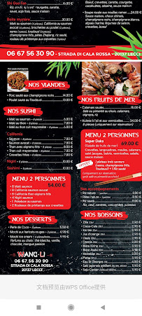 Menu Restaurant traiteur asiatique Wang -Li Page 1