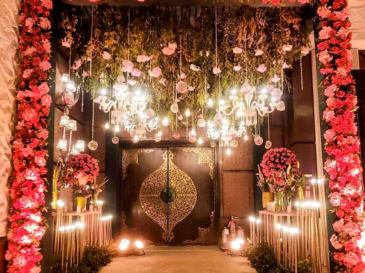 Beautiful Entrance Decor With Crystal, lights and Flowers..
