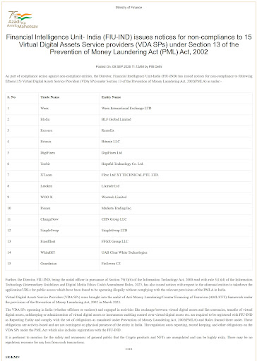 Financial Intelligence Unit- India (FIU-IND) issues notices for non-compliance to 15 Virtual Digi… post image