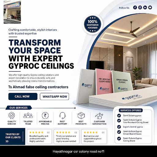 Ts Ahmad false ceiling contractors specialize in Saint Gobain gyproc solutions, including fire-re… post image