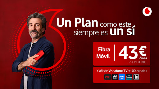 Vente a Vodafone y disfruta de un Plan que siempre es un sí. Fibra + móvil al mejor precio y Vodafone TV con más de 100 canales y tus plataformas favoritas para que no te pierdas nada.
