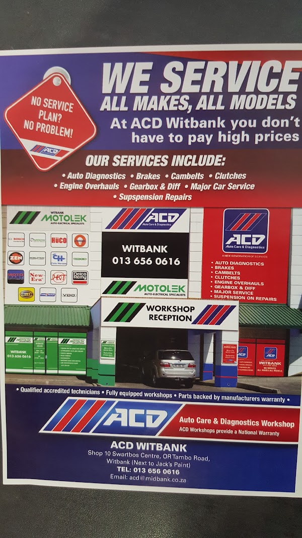 ACD WITBANK, +27 13 656 0616, Shop 10 Swartbos Centre OR Thambo Road