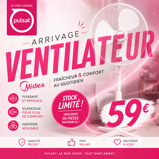 Nouveau chez Pulsat Benet : arrivage exceptionnel de ventilateurs sur pied pour allier fraîcheur et confort au quotidien. Profitez d’un appareil puissant, silencieux et réglable, idéal pour affronter les grosses chaleurs en toute tranquillité. Attention, stock limité à 30 pièces seulement ! Rendez-vous vite en magasin pour bénéficier de ce produit de qualité à un prix malin. Faites le choix du confort et de la performance avec Pulsat.