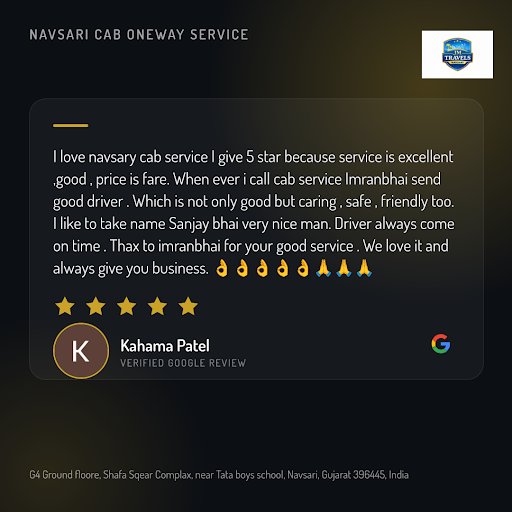 Kahama Patel's exceptional experience with Navsari Cab OneWay Service! She loved our reliable tax… post image