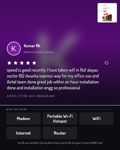 Kumar Rk highly recommends Airtel Store Wifi Broadband in Gurgaon for reliable internet solutions… post image
