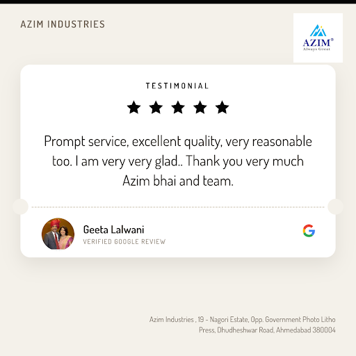 Geeta Lalwani raves about her exceptional experience with Azim Industries in Ahmedabad! She's thr… post image