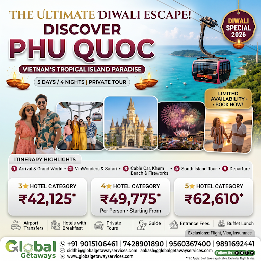 Phu Quoc tour package from Delhi featuring Hon Thom sea cable car Grand World Venice of Vietnam and luxury beach resorts