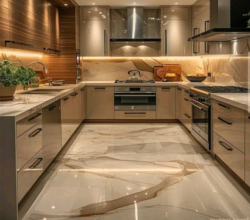 Agressive kitchen design with variety of colour.