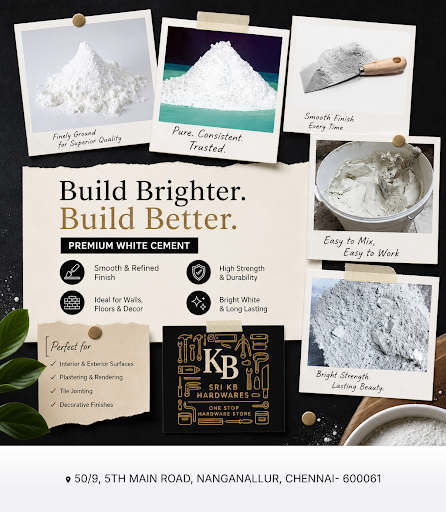 Sri K.B. Hardwares offers quality White Cement, screws, nails, furniture fittings, plumbing pipes…