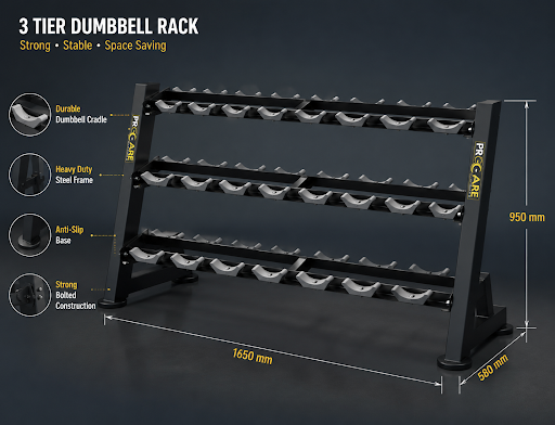 Keep your gym organized with our heavy-duty 3-tier dumbbell rack, designed for commercial gyms, f…