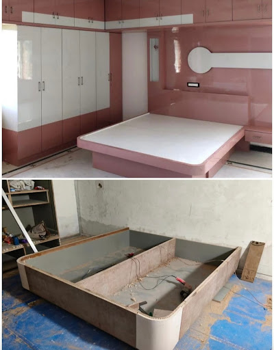 Custom designed modern hydraulic bed and sliding wardrobe work done by A1 Furniture in Mumbai. Be…