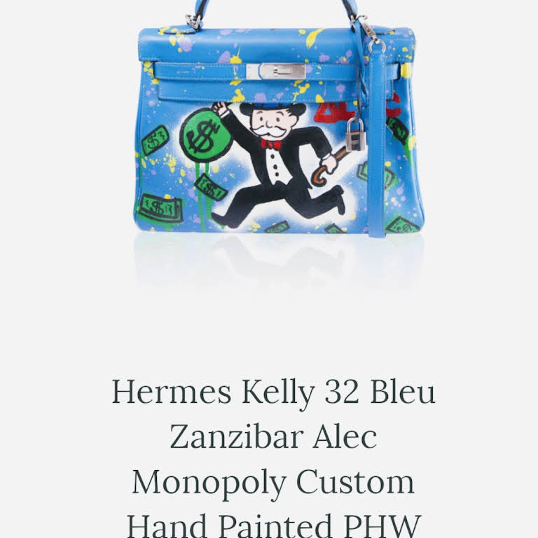 Hermes Kelly 32 Bleu Zanzibar Alec Monopoly Custom Hand Painted PHW Handbag