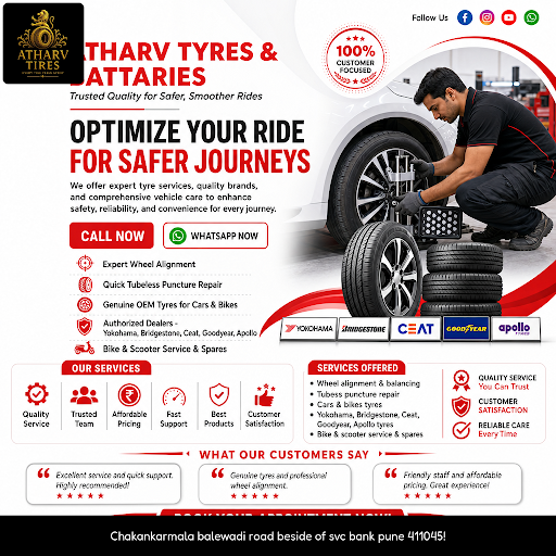 ATHARV TYRES & BATTARIES is your trusted tyre shop near me, specializing in wheel alignment & bal… post image