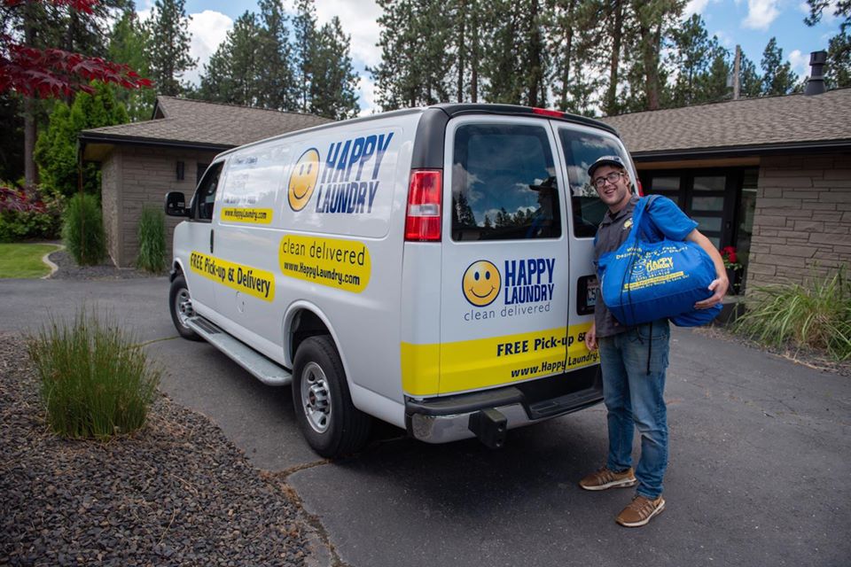 Happy Laundry and Dry Cleaning storefront and entrance in Spokane