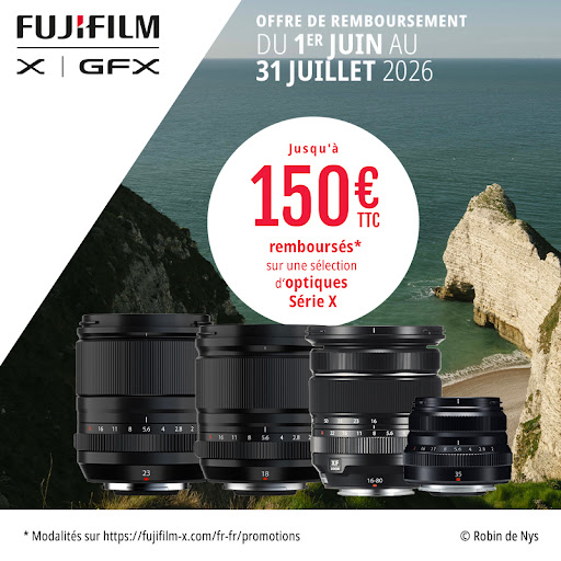 Jusqu'à 150€ de remboursement par Fuji sur une sélection d 'optiques XF :
100€ sur le XF 16-80/4 R OIS WR, 
50€ sur le XF35mm/2 R WR, 
150€ sur le XF 18mm f/1.4 R LM WR, 
100€ sur le XF 23mm f/1.4 R LM WR