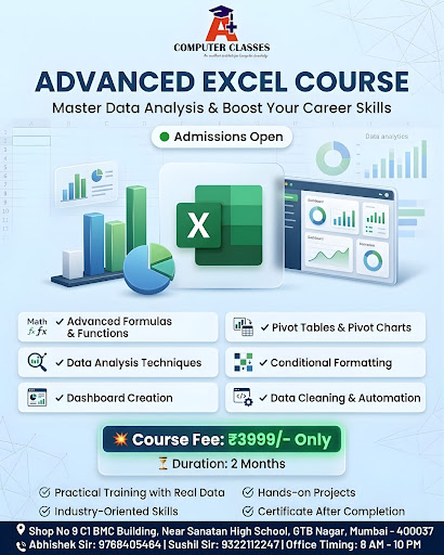 🚀 Advanced Excel Course – Admissions Open Now at A+ Computer Classes! post image
