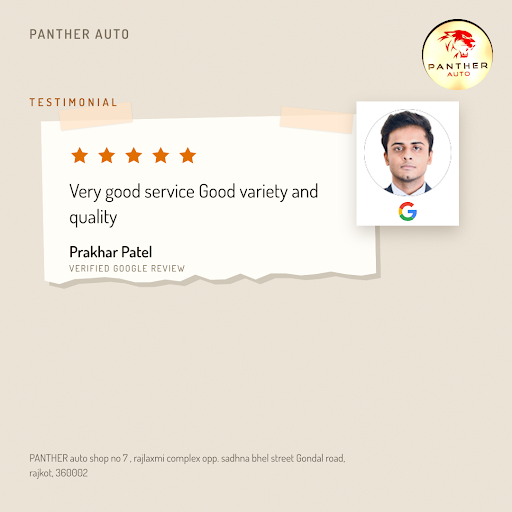 Prakhar Patel from Rajkot highly recommends Panther Auto for exceptional service! He loved the qu… post image
