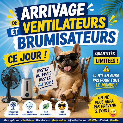 🌞🔥 LA CHALEUR EST DE RETOUR... ET NOUS AUSSI ! 🔥🌞

🚛 Arrivage du jour chez MDA Électroménager Yvetot ! 🚛

💨 Retrouvez dès maintenant un large choix de :
✅ Ventilateurs de table
✅ Ventilateurs sur pied
💦 Brumisateurs de table
💦 Brumisateurs sur pied

🌬️ Rafraîchissez votre maison, votre bureau ou votre terrasse à prix malin !

⚠️ Les fortes chaleurs arrivent et les stocks partent très vite chaque année... Ne tardez pas à venir choisir le modèle qui vous convient !

📍 Rendez-vous chez MDA Électroménager Yvetot
👉 Notre équipe est là pour vous conseiller et vous aider à trouver le meilleur équipement pour passer un été au frais.

💙 N'hésitez pas à partager cette publication avec vos proches !

#MDA #MDAElectromenager #Yvetot #Ventilateur #Brumisateur #Canicule #Fraicheur #Maison #BonPlan #Normandie #SeineMaritime #Electromenager #Arrivage #Été #Confort #RestezAuFrais
