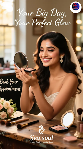 Get ready to shine on your special day with our expert bridal makeup services at Sea Soul Unisex…