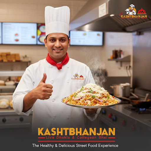 A professional chef proudly presenting a freshly prepared plate of Collegean Bhel, topped with fi…