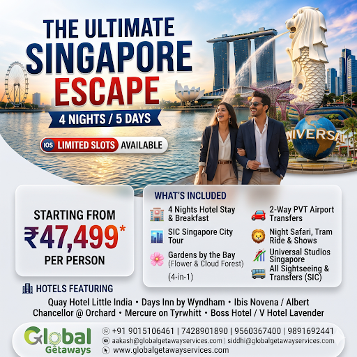 Singapore tour package from Delhi featuring couple at Marina Bay Sands with Merlion statue and Universal Studios globe