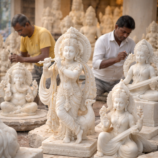 Experience the timeless beauty of traditional marble murti craftsmanship at Adesh Traders, your t…