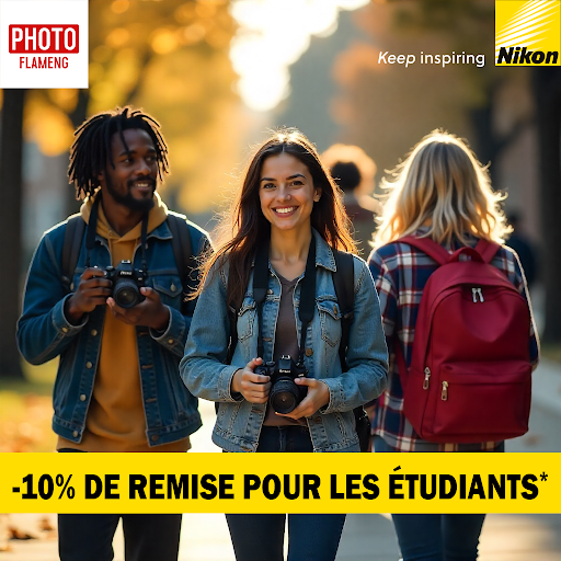 À l’occasion de la rentrée académique, PhotoFlameng et Nikon s’associent pour proposer aux étudiants une promotion exclusive valable durant tout le mois de septembre.


📸 Produits concernés :

Nikon Z50 II kit 16-50mm DX
Nikon Z50 II kit 16-50mm + 50-250mm DX
Nikon Z50 II kit 18-140mm DX
🎓 Avantage étudiant : 10% de remise directe sur ces kits, sur présentation d’une carte d’étudiant en cours de validité.
