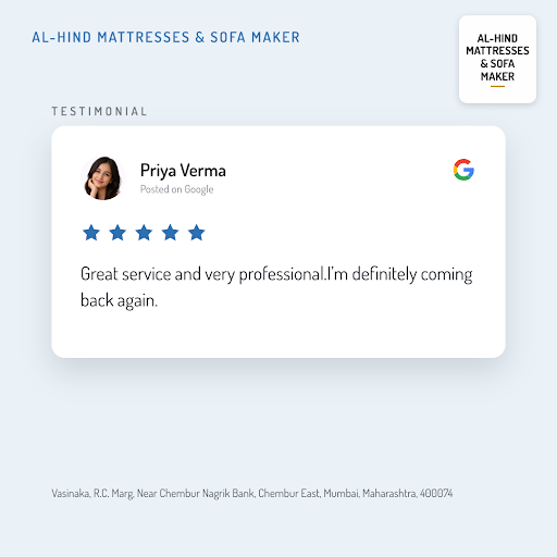 Priya Verma raves about her exceptional experience at Al-Hind Mattresses & sofa maker in Mumbai!… post image