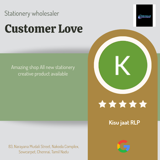Kisu gives a glowing 5-star review for Sri Balaji Stationery, Chennai's top-notch wholesaler of t…