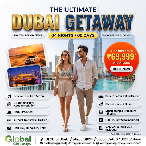 Dubai tour package from Delhi with flights featuring Burj Khalifa skyline couple desert safari 4x4 dune bashing and dhow cruise dinner