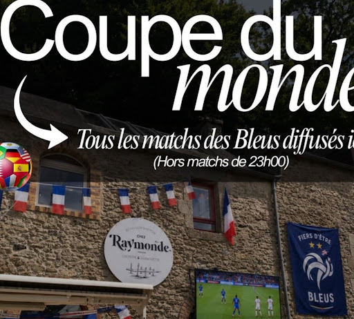 Chez Raymonde by Blé Noir & Bois de Keroual

CRÊPERIE | BAR | GUINGUETTE | TRAITEUR

Bois de Keroual | GUILERS

Bravo à nos amis de Chez Raymonde.

Pulsat Saint Renan est heureux de faire parti de leurs partenaires

Vibrez avec les Bleus chez Raymonde !

La Coupe du Monde débarque et tous les matchs de l’Équipe de France seront diffusés sur écran à la crêperie. 

Ambiance, supporters, boissons fraîches et crêpes au rendez-vous pour vivre chaque action ensemble !

🍻 Ambiance conviviale garantie

🇫🇷 Sortez les maillots et les drapeaux !

Hors matchs programmés à 23h00.

#chezraymonde #crêperie #coupedumonde #foot #guilers
