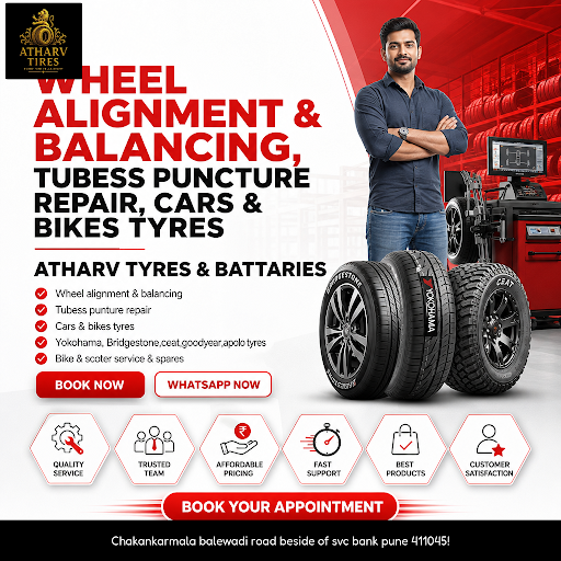 ATHARV TYRES & BATTARIES offers expert wheel alignment and balancing, puncture repair, and a wide… post image