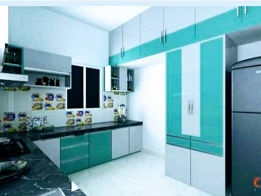 Gloss kitchen with tendom set for cutlery and cup , soucer. A large toll unit for oven set and ex…