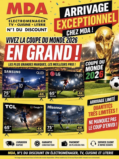 La Coupe du Monde 2026 approche à grands pas, et c’est le moment idéal pour vivre chaque match comme si vous étiez au stade ! Profitez d’offres exceptionnelles sur les plus grandes marques de téléviseurs et partagez des émotions inoubliables avec vos proches. Ne ratez pas cette occasion de vibrer ensemble devant l’écran, dans une ambiance festive et chaleureuse. Quantités limitées, alors foncez et préparez-vous à soutenir votre équipe préférée en grand !

#mda #coupedumonde #qled #oled #miniled