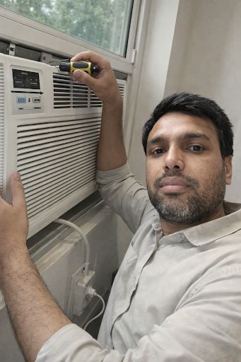 Window AC repair karte hue best AC SERVICES and REPAIR chatarpur madin gadhi fridam fiter saket d… post image