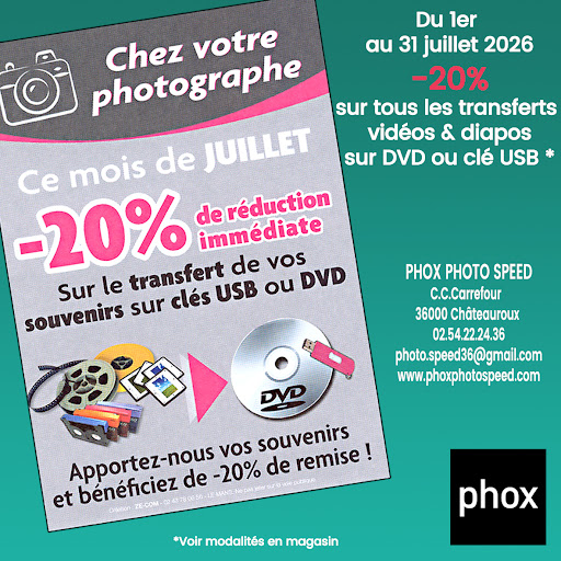 Préservez vos souvenirs précieux avec Life Images ! Du 1er au 31 juillet, profitez de 20% de remise sur tous vos transferts vidéos et diapos. Offrez une nouvelle vie à vos anciens supports : nous les convertissons sur clé USB, en toute sécurité et avec la qualité professionnelle que vous exigez. Rendez-vous en magasin ou contactez-nous pour plus d’informations. Saisissez cette opportunité unique de valoriser votre patrimoine visuel !

#phox #transferts #vidéos #lifeimages #chateauroux #photographe