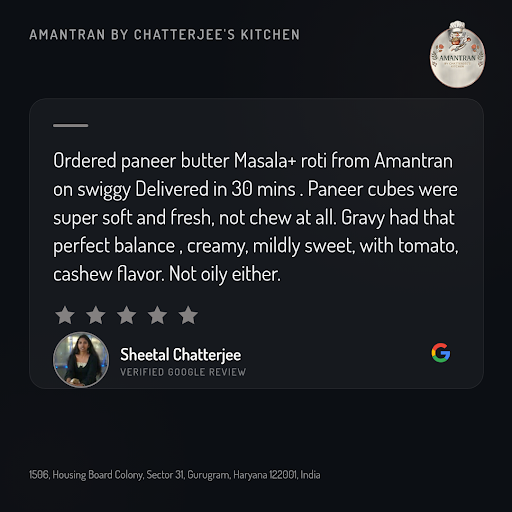 Sheetal Chatterjee raves about her experience with Amantran by Chatterjee's Kitchen, a trusted ti… post image