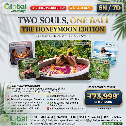 Bali luxury honeymoon package from Delhi featuring couple in romantic stone flower bath with jungle view at Kupu Kupu Barong Ubud
