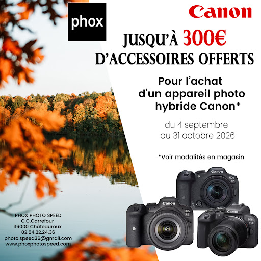 🍁 La rentrée s’annonce créative chez Canon ! Profitez d’une offre exclusive : jusqu’à 300€ d’accessoires offerts pour l’achat d'un appareil photo hybride Canon. Saisissez l’opportunité de sublimer vos souvenirs d’automne avec du matériel professionnel. Offre valable du 4 septembre au 31 octobre 2026. Rendez-vous en magasin pour en savoir plus et révélez votre talent photographique ! 📸