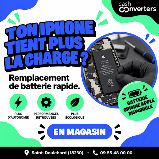 🔋 Ton iPhone se décharge trop vite ? On remplace ta batterie rapidement — batterie d'origine Apple disponible. Une autonomie comme neuve.

📍 Cash Converters Saint-Doulchard (18230) — ☎ 09 55 48 00 00

#CashConverters #SaintDoulchard #iPhone #Batterie #Apple #Réparation